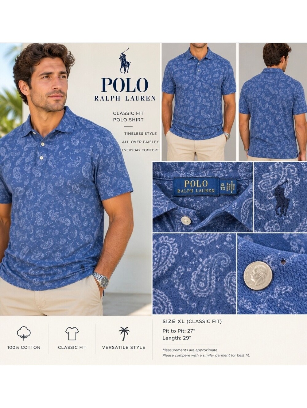 Polo Ralph Lauren Men’s XL Classic Fit Blue Paisley Cotton Polo Shirt Pony